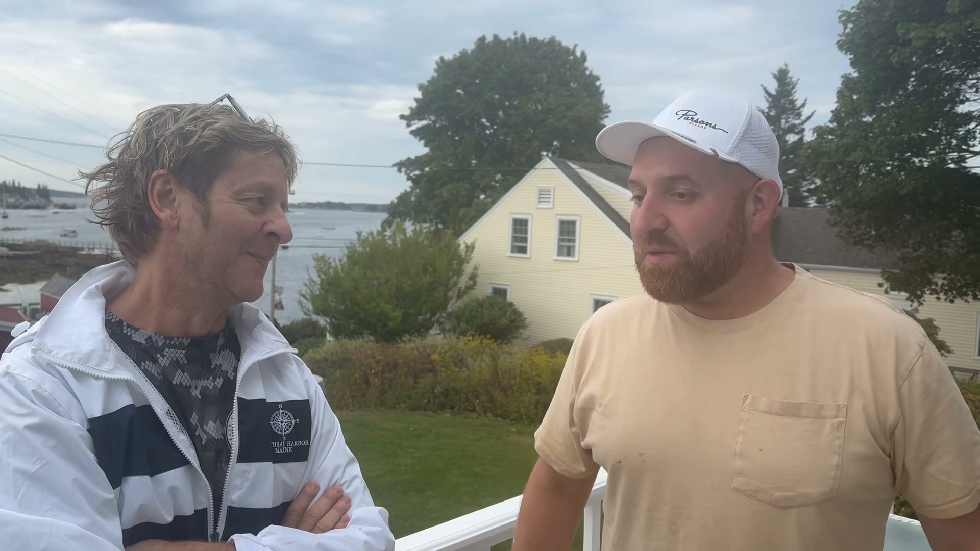 Nick Beres with innkeeper Jersey Metzinger on the deck at Admiral’s Quarters, Boothbay Harbor